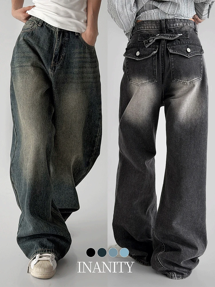 [숏/롱] 비조 스트랩 백포켓 빈티지 워싱 와이드 데님팬츠 4color