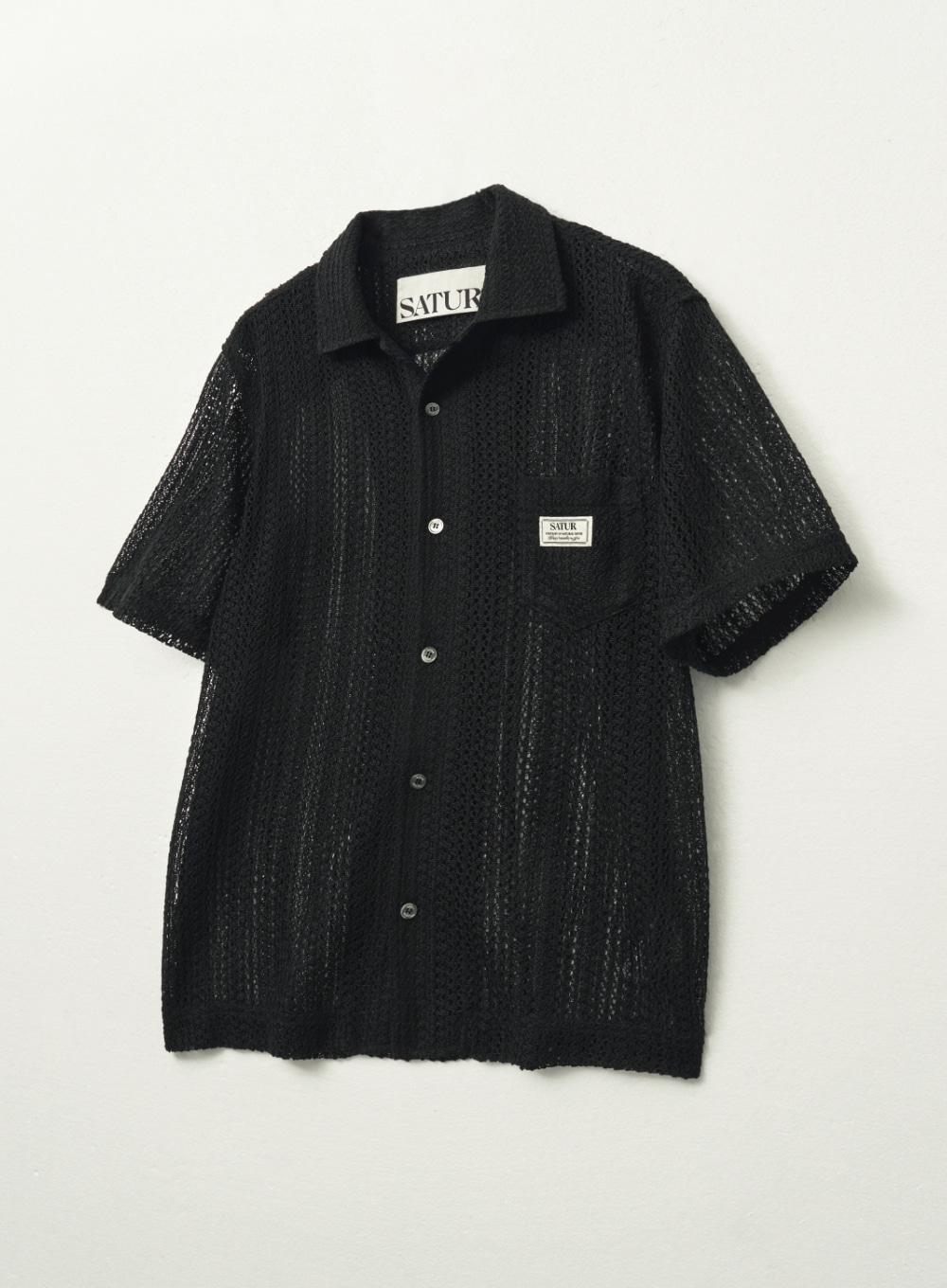 Crochet Open Collar Half Shirt - Black