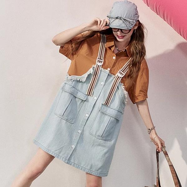 엘프색 페이크 투피스 배색 데님 스트랩 드레스 0118