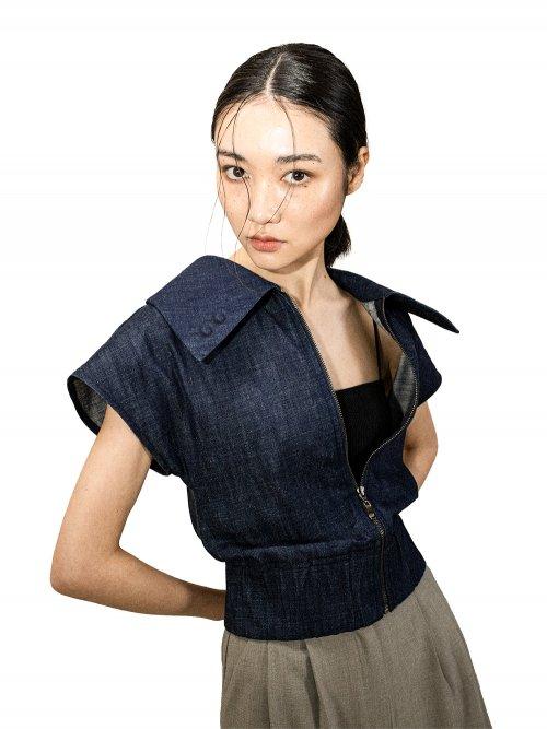 와이드 카라 집업 데님 베스트