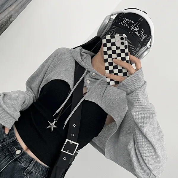 !가을신상! 여리핏 y2k 스트릿 무드 레이어드 와플 볼레로 버튼 포인트 후드 (3color)