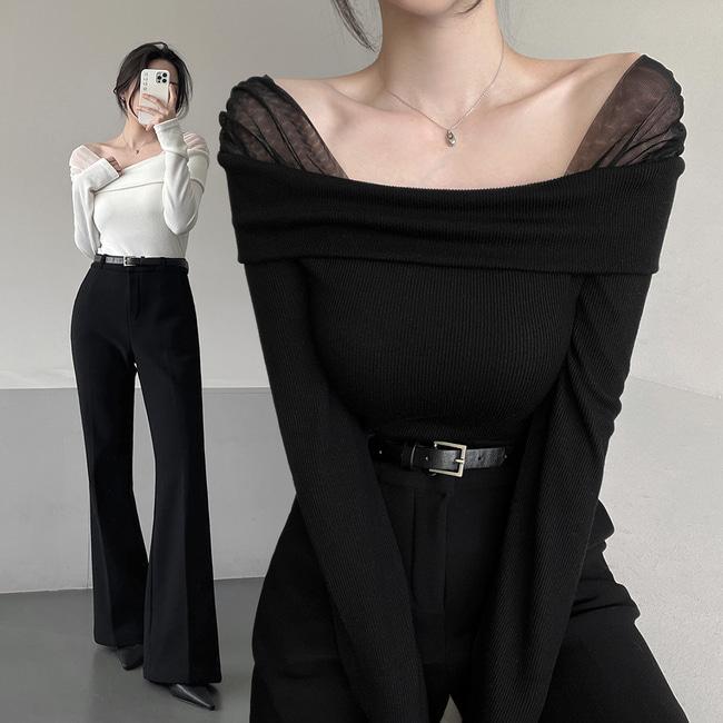 가나다란 [DM폭주🔥/SNS인기템🪞/여리여리💞] 가나다란 리벨라 쉬폰 레이어드 오프숄더 스판 골지 긴팔 티셔츠 2color