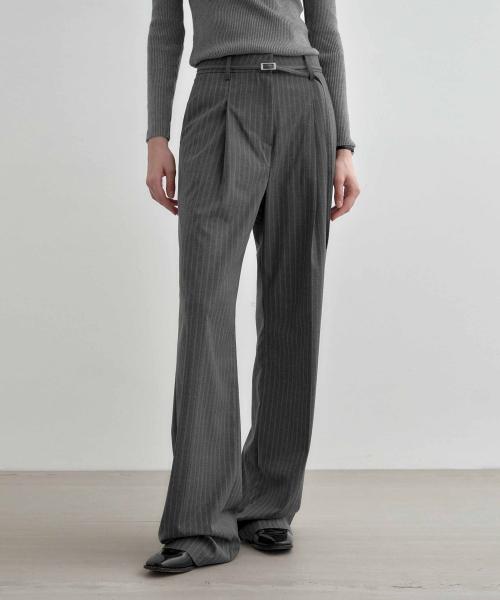 [벨트 SET] 스트라이프 원 턱 와이드 슬랙스 그레이 MDPT025STGRAY