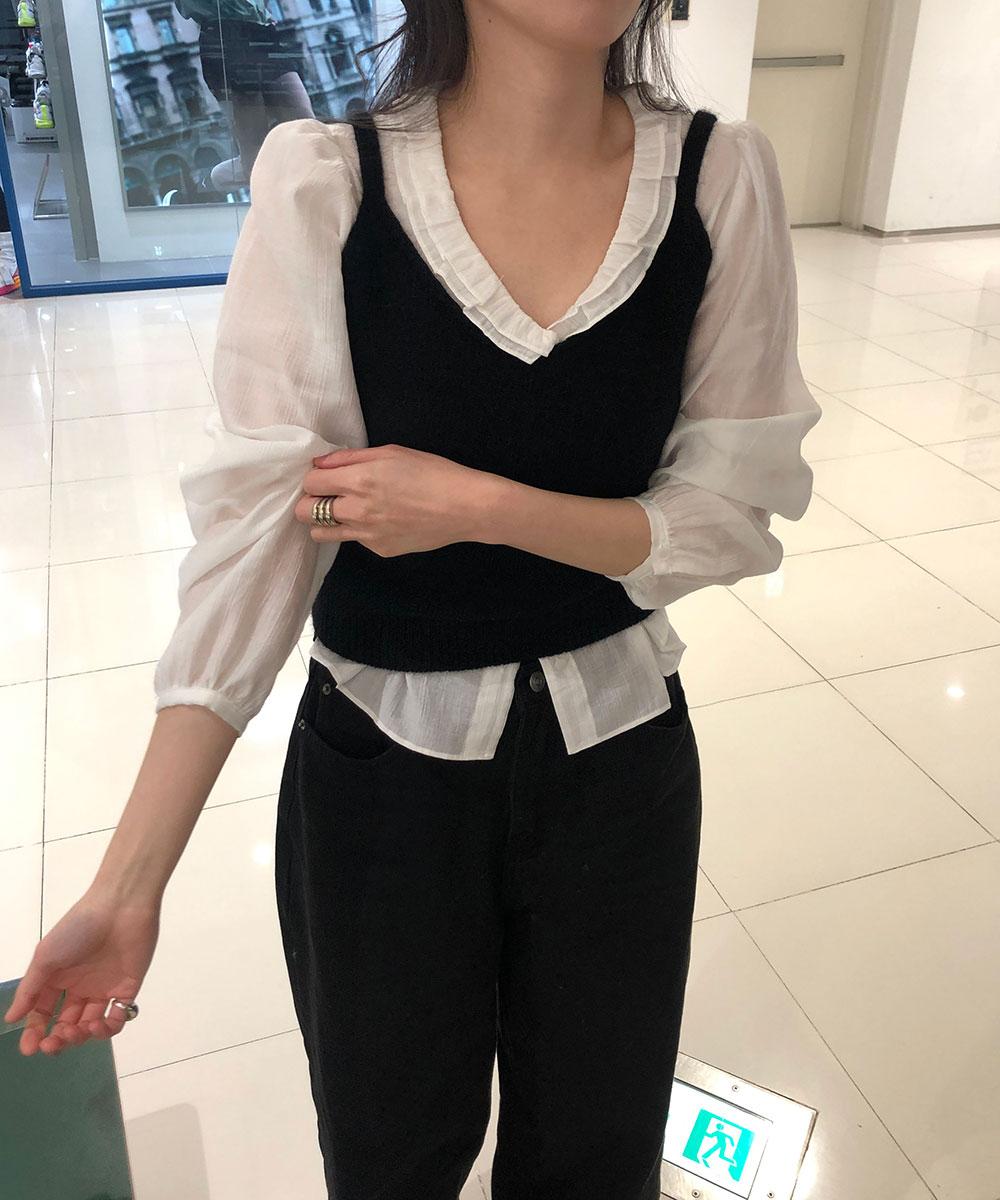 트로브 그릭 여성 앙고라 레이어드 브이넥 베스트 (2Colors)