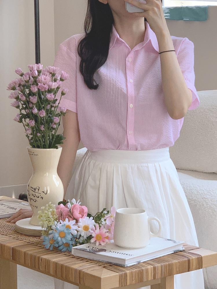 블러셔 핑크 시어서커 루즈핏 셔츠