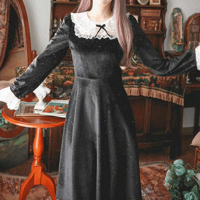 문빔 글리터 벨벳 레이스 배색 롱 원피스 op0277