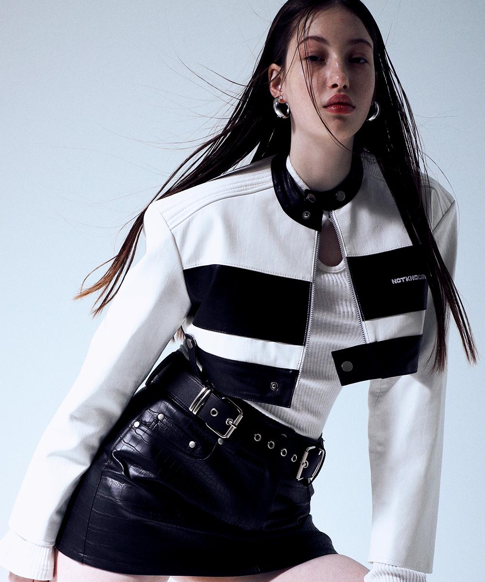 [장원영, 노제,태연 착용] Crop Racing Leather Jacket_Black