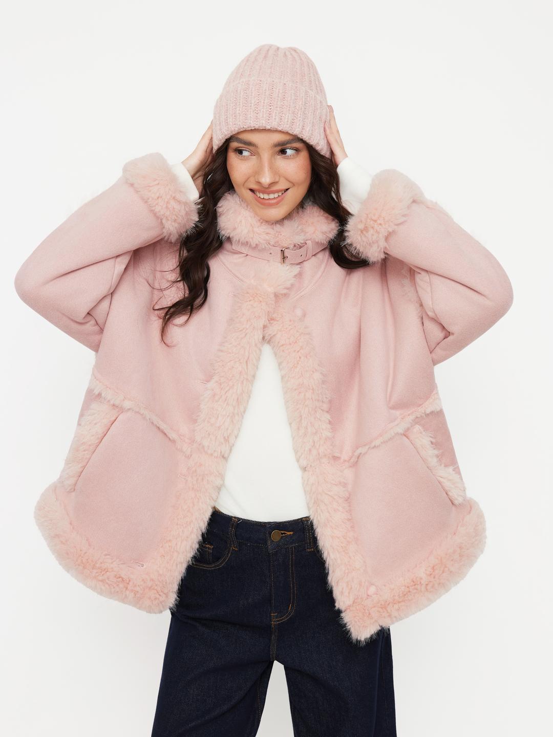 Faux Shearling Belted Oversized Jacket With Faux Fur Trim