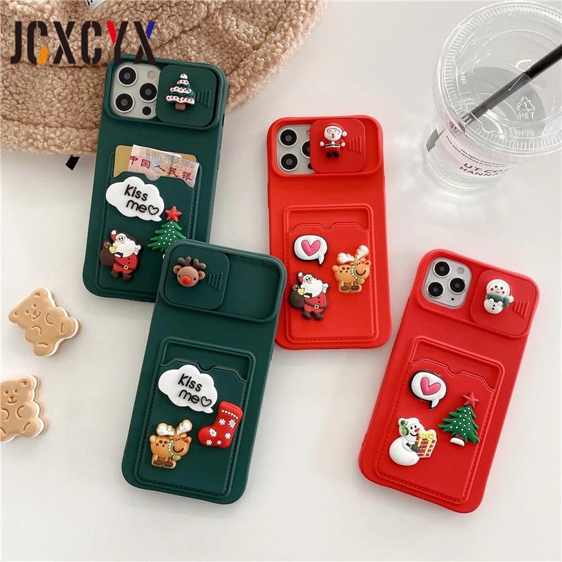 3D Christmas Reindeer Snowman Tree Wallet Card Cute Phone Case for iphone 14 13 12 11 Pro Max MiNi X XS XR SE 7 8 plus SE3 case