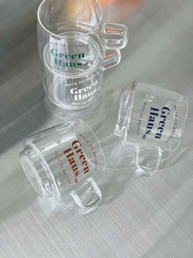 [ 위프자체제작 ] 그린하우스 글라스잔 손잡이 레터링 우유 주스 머그