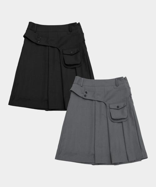 에센셜 버튼 포켓 벨티드 레이어드 언발 플리츠 미디 스커트 _3COLOR