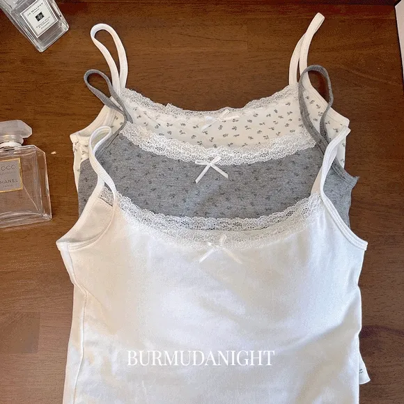 [💌당일/6컬러/캡내장] 감성 레이스 리본 플라워 화이트 그레이 핑크 멜란지 블랙 패드내장 민소매 면 캡나시 6 color #B.Night #301