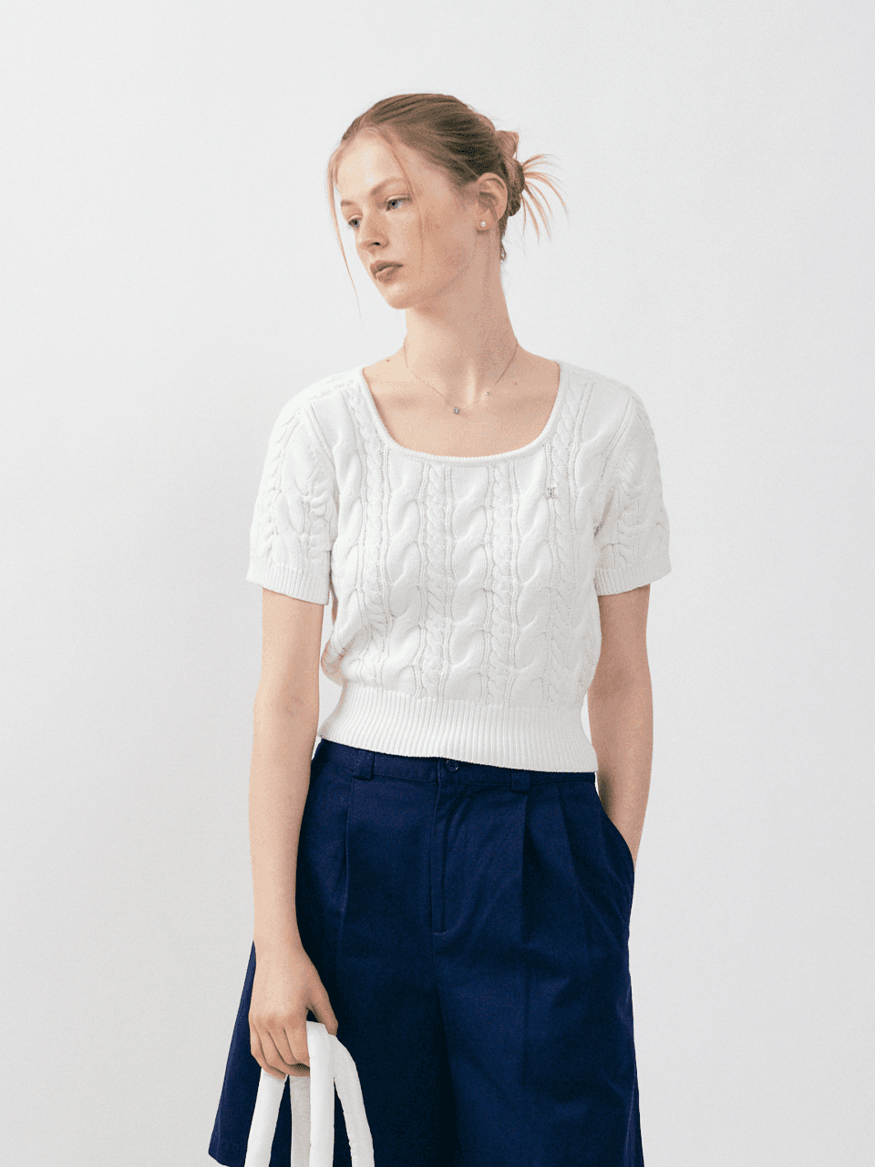 Cotton Square Neck Cable Half Sleeve Knit - ivory코튼 스퀘어넥 케이블 하프 슬리브 니트