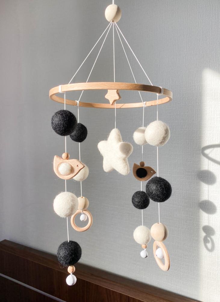 흑백모빌 우드모빌 원목 아기침대 신생아 방 꾸미기 천연양모 펠트 감성 모빌 출산선물 핸드메이드