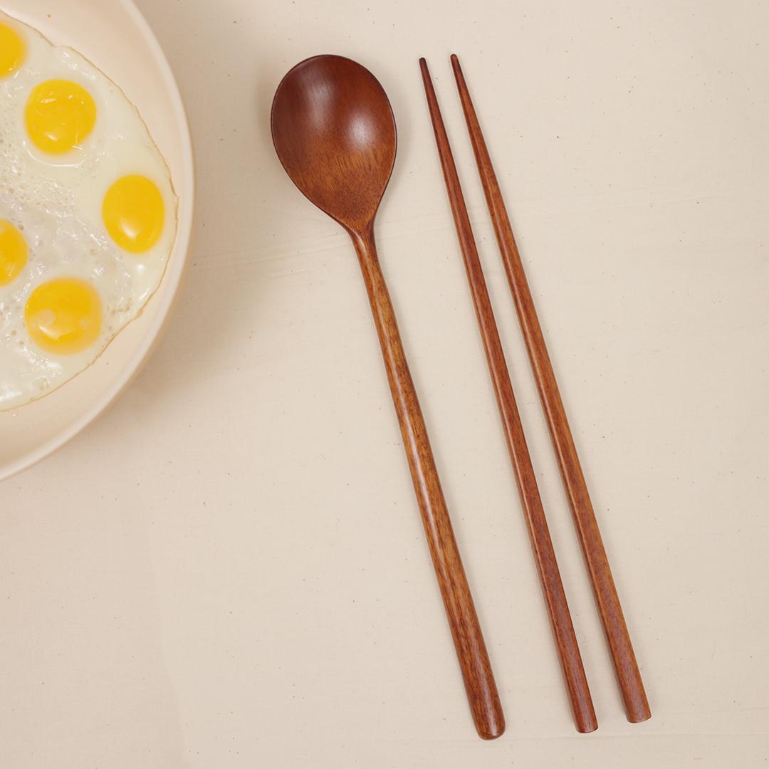 (대한민국우수공예품)칠몽 국내산 자연 민 옻칠 우드 박달나무 수저세트(숟가락+젓가락)