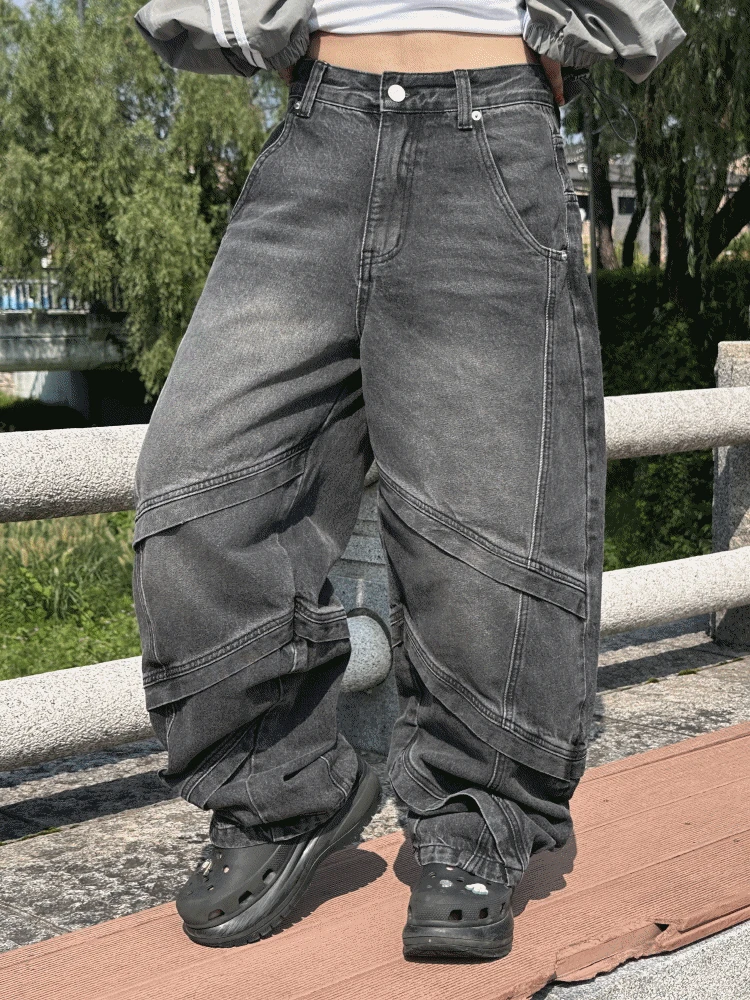 [UNISEX]피그 워싱 빈티지 입체 포인트 사선 와이드 데님 팬츠(2color)