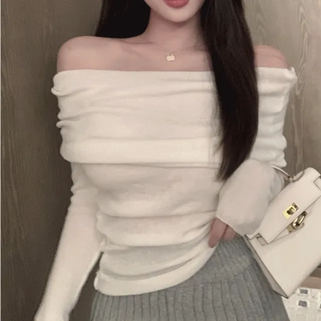 [남심저격!/6col] 드레이프 오프숄더 여리 긴팔 니트 티셔츠