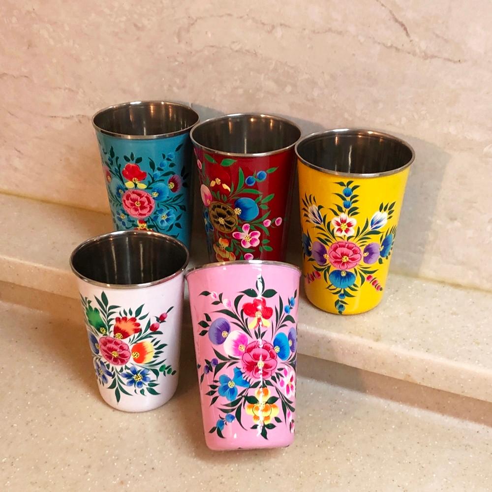 레트로 컬러 스텐컵 페인팅 특이한 예쁜컵 꽃무늬