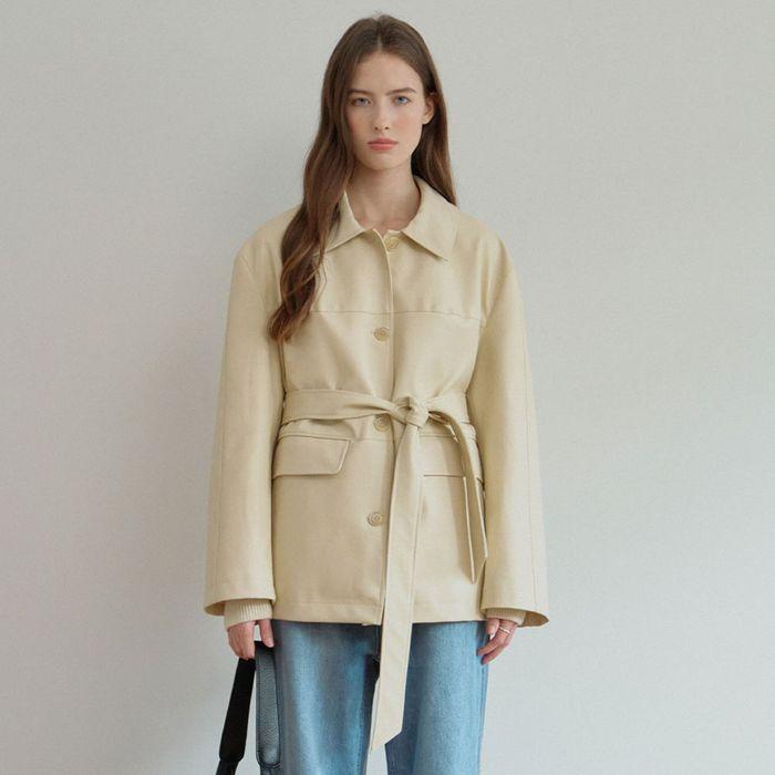 BELTED LEATHER JACKET [BEIGE]