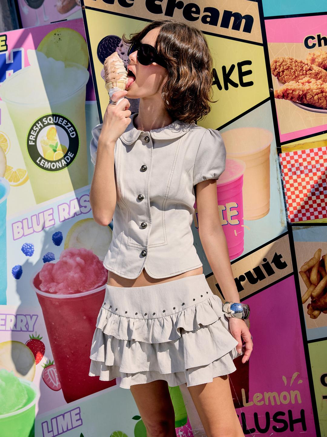 Cotton-blend Peter Pan Collar Puff Sleeve Blouse