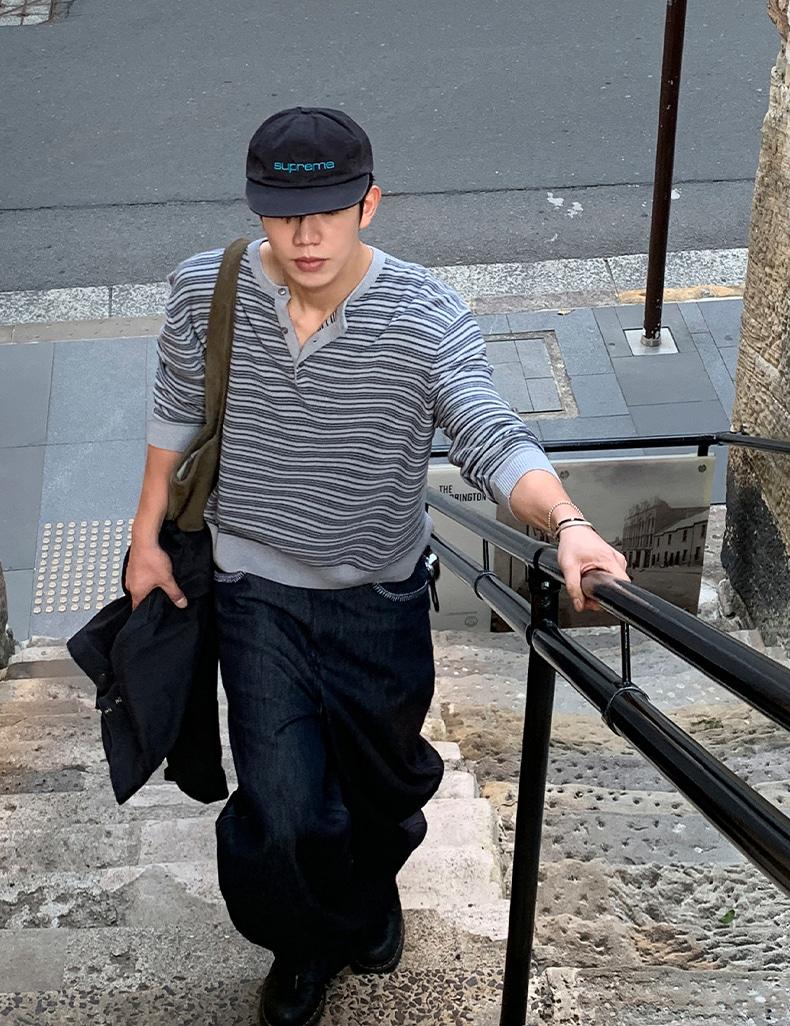 베이 스트라이프 헨리넥 니트 (3color)