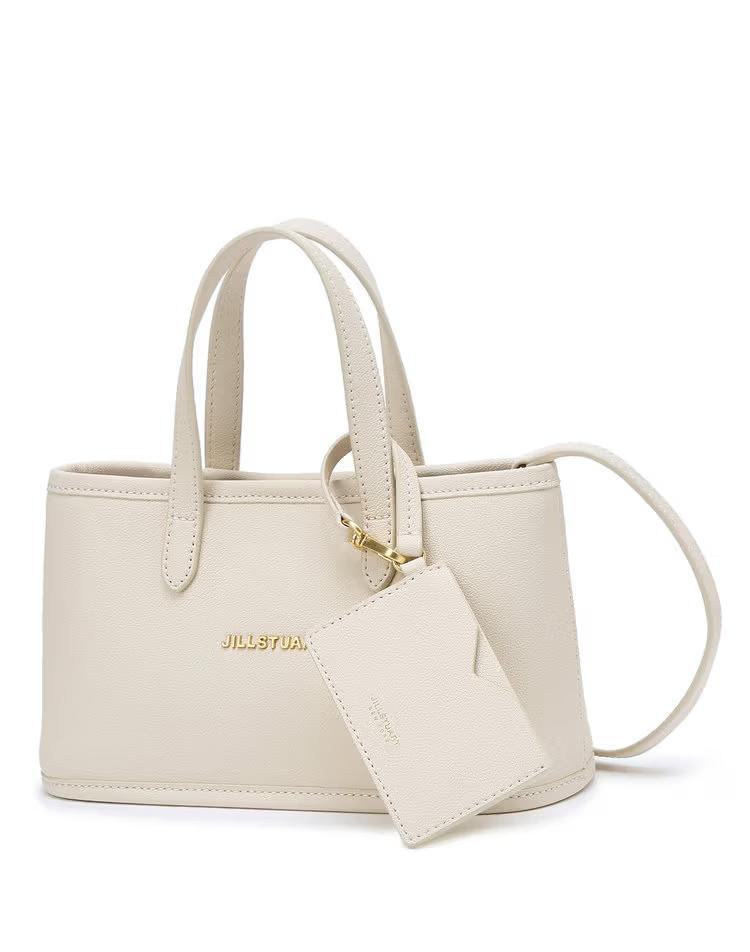 [카드참포함] 베이지 로고 장식 소가죽 미니토트백 겸 크로스백