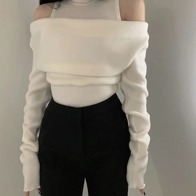 [ 후기인증/ 기모 ] 이중 목폴라 반오프숄더 긴팔 슬림핏 니트 티셔츠