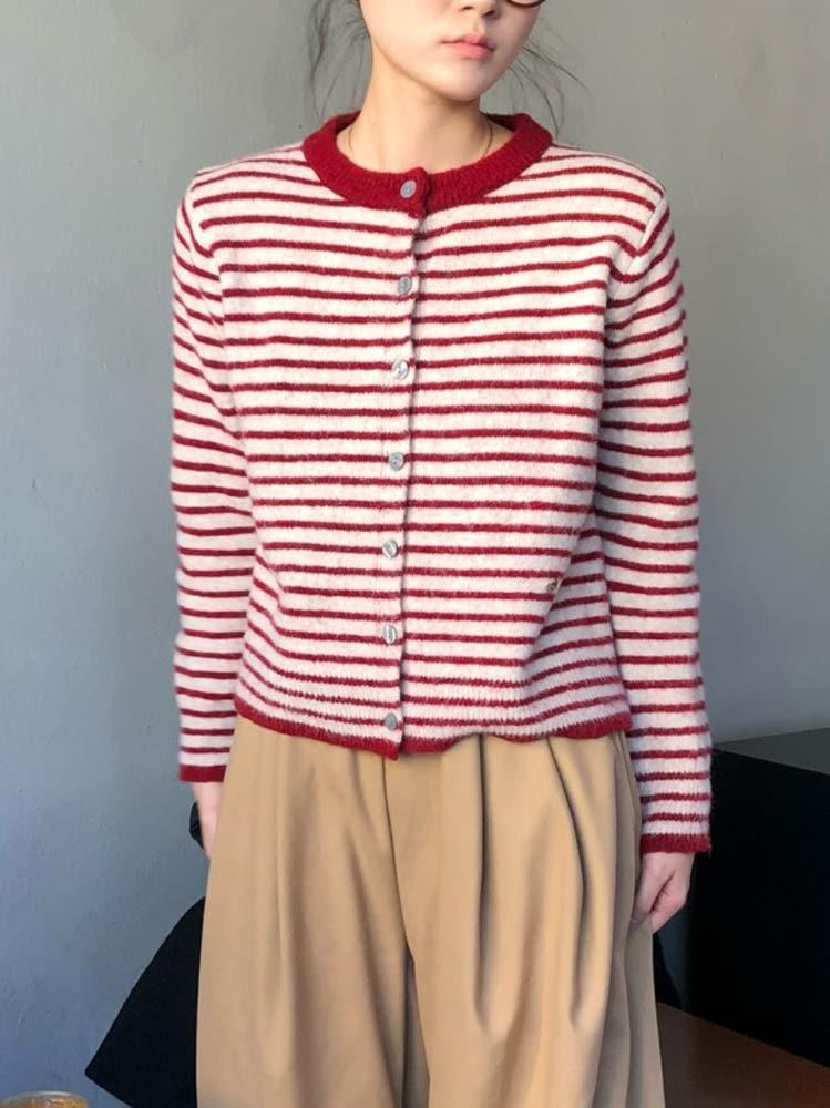 스탠 컬러 스트라이프 하트 가디건 니트 2color