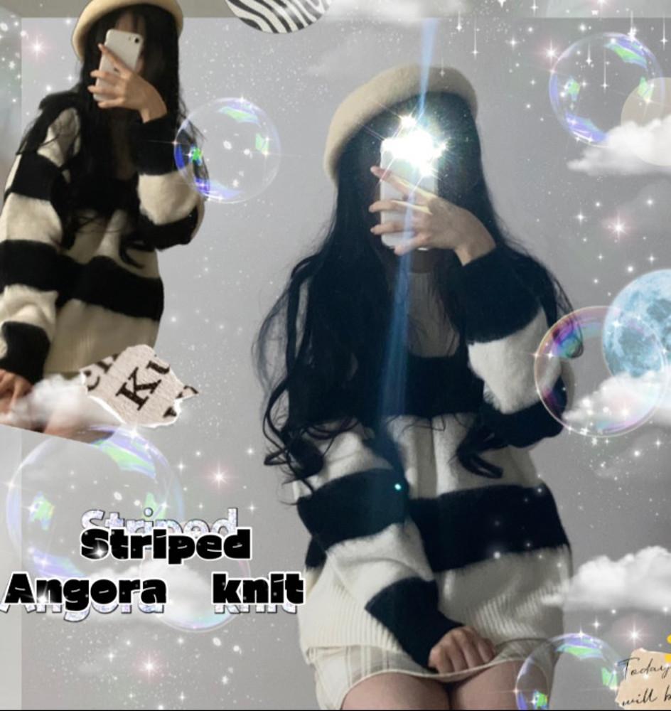 도톰 단가라니트 앙고라니트 오버핏 여성니트티 에이블리 무색채룩 스트라이프