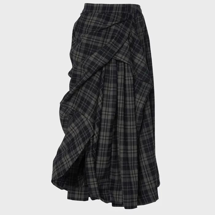 Asymmetrical Draped Layered Long Skirt (FL-256_Checked)