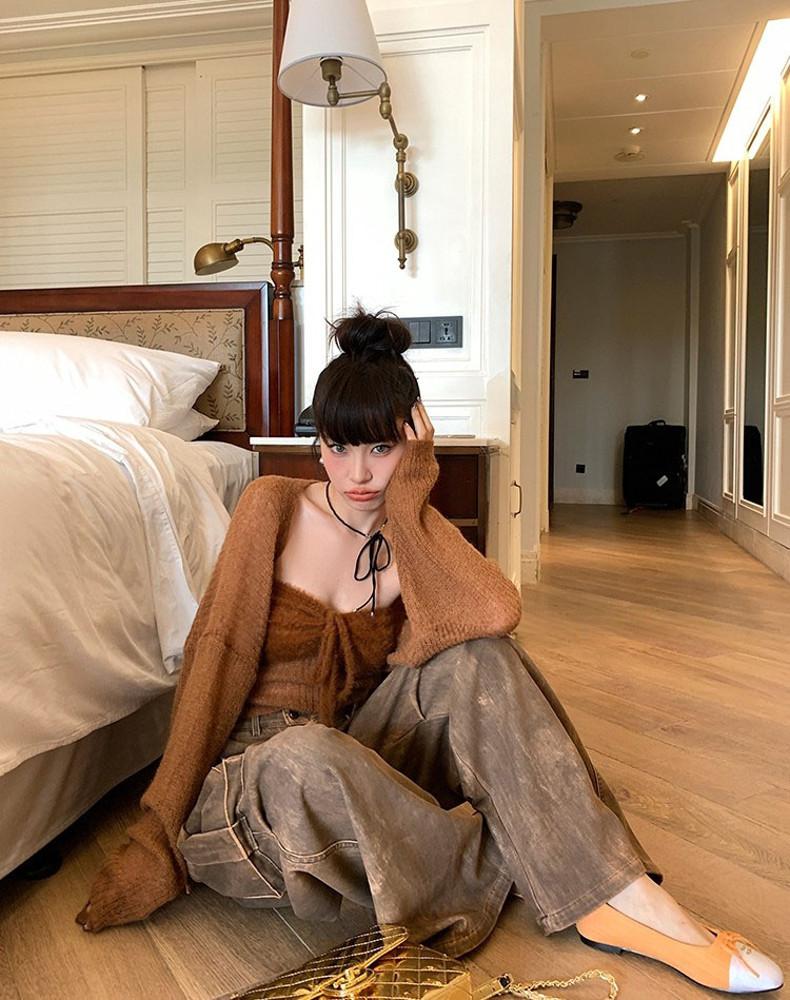 숏 니트 가디건 투피스