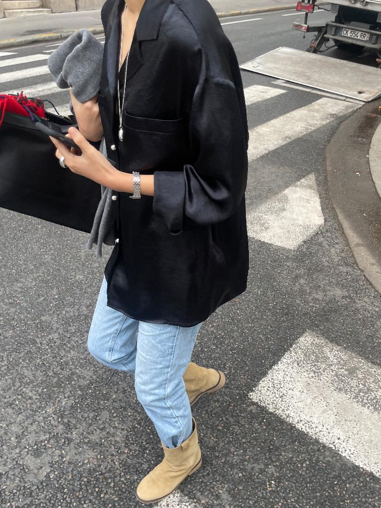 PEARL OPEN COLLAR SHIRT - BLACK