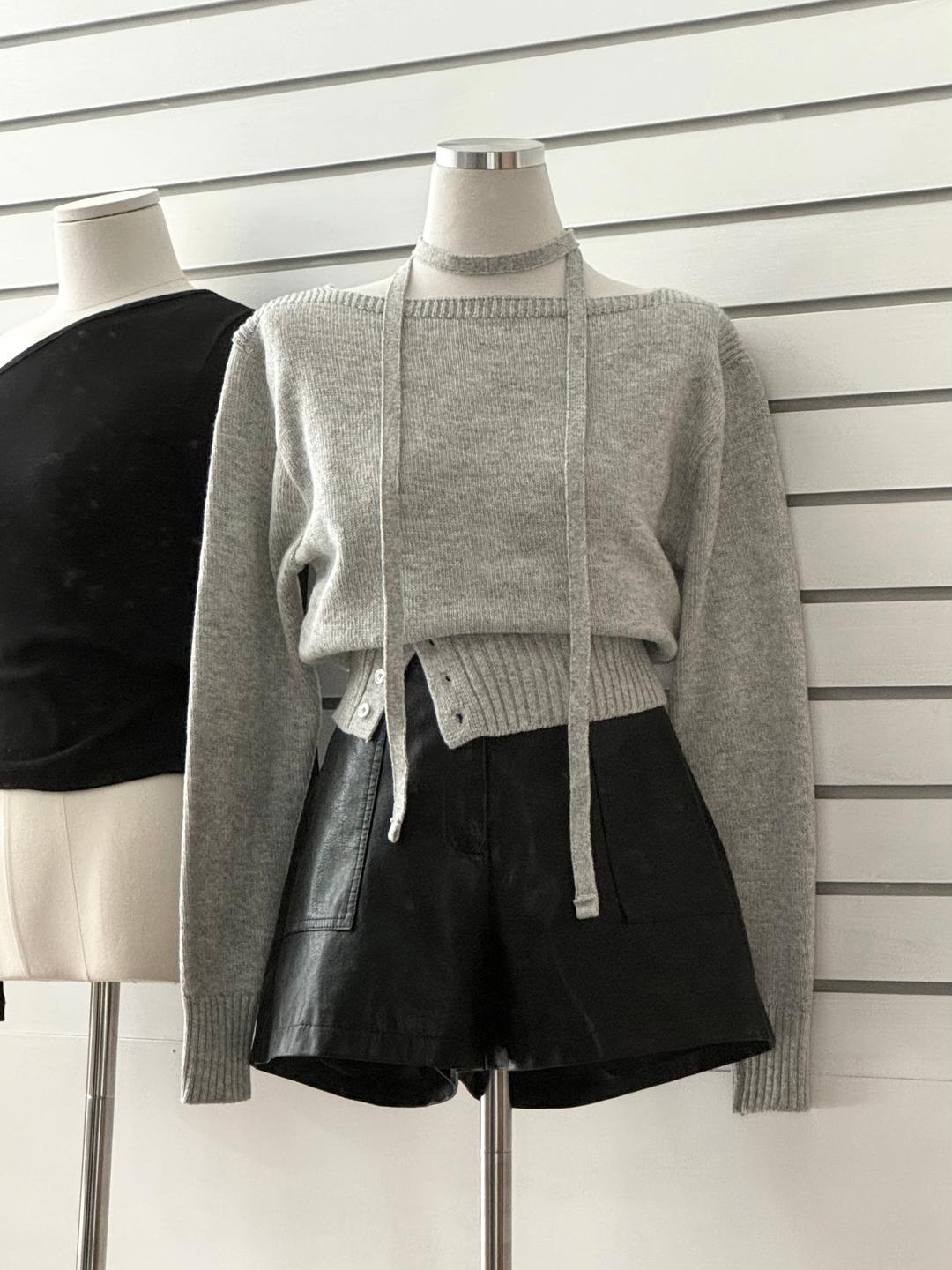 (타이set) 브링 허리 버튼 포인트 보트넥 니트