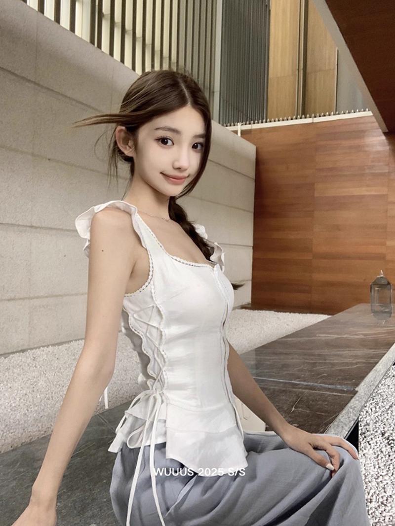 Frill Side Eyelet Linen Crop Sleeveless (2Color)