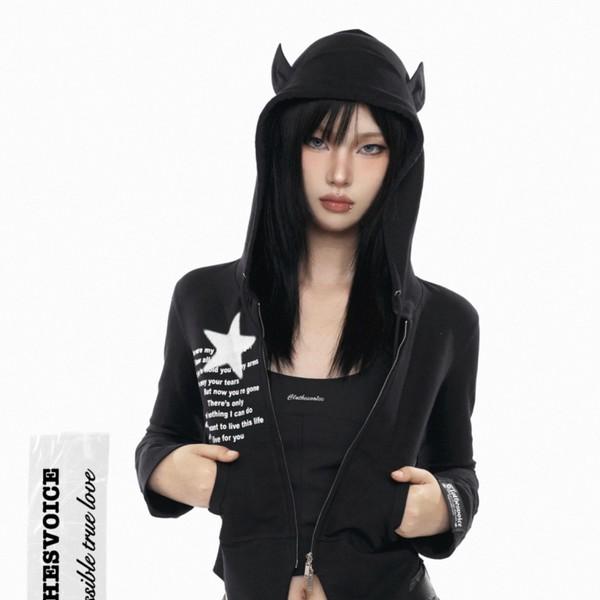 Original Punk Devil Kitten Ears Print Slim Fit Hooded Cardigan