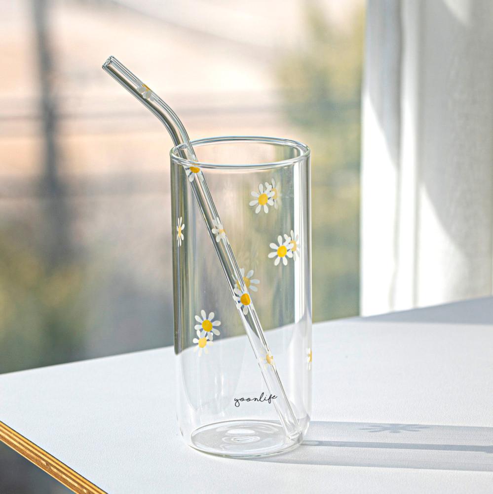 윤생활 데이지 홈카페 일자 내열 유리컵 아이스커피 주스 물컵 레터링 카페컵