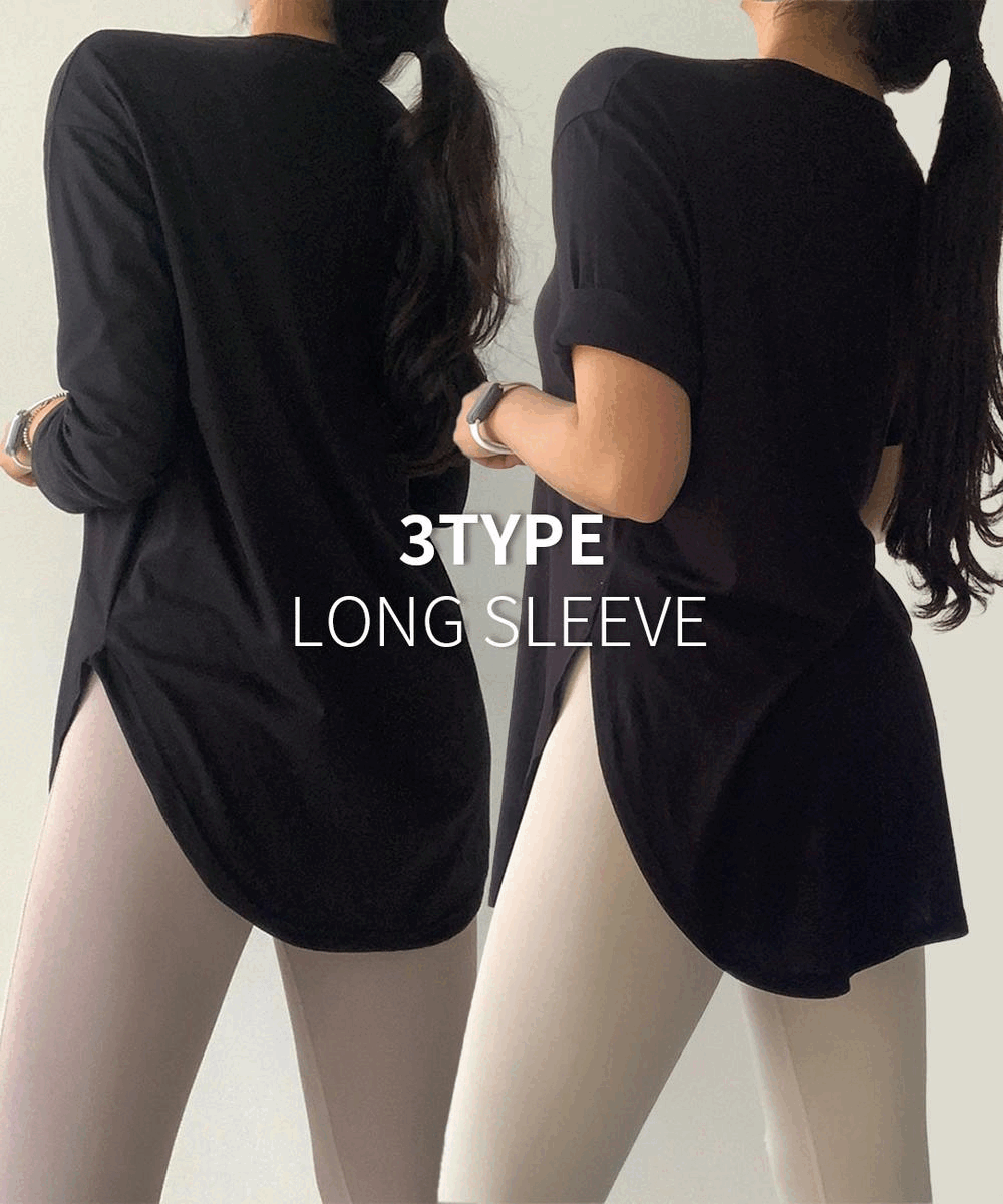 [장마룩할인 61%][당일출고 MADE]찰랑 롱티 루즈핏 레이어드티 반팔 긴팔 브이넥 반팔 긴팔 트임티 힙커버티셔츠 필라테스복 요가복 운동복 필라테스복 헬스 여름 반팔티 기본티