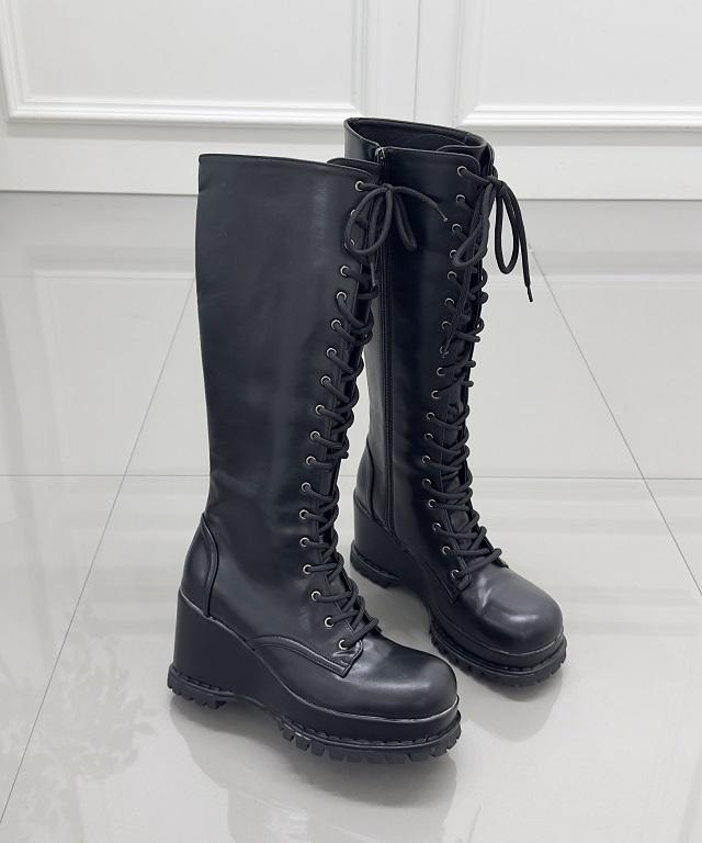 라이크에스 가보시 웨지 통굽 레이스업 워커 롱부츠힐 8cm