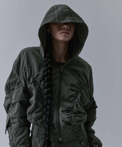 Nylon Cargo Shirring Set-up Zip-up [ Khaki ]