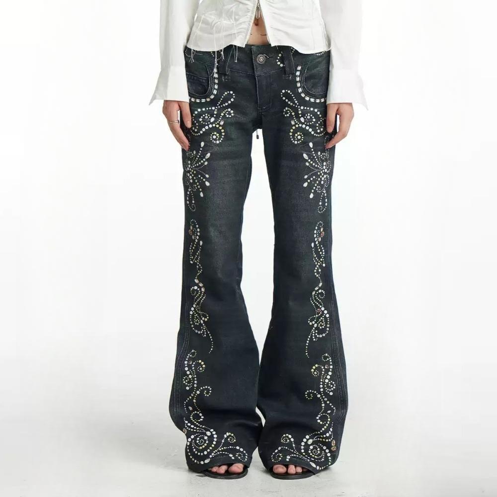 FayChui 청바지 복고풍 보석 큐빅 핫픽스 플레어 진