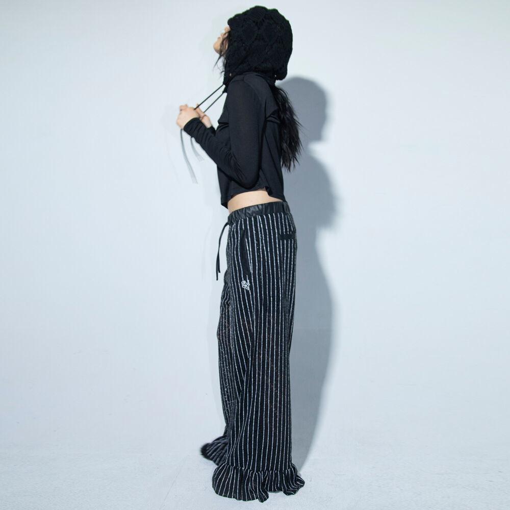 G_LACE STRIPE FRILL PANTS / BLACK