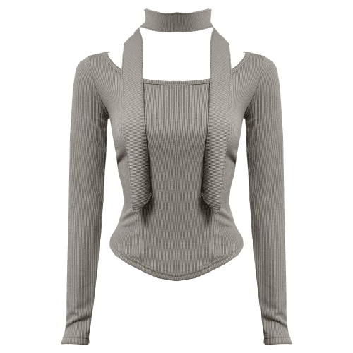 Round Neck T + Scarf Set (gray)