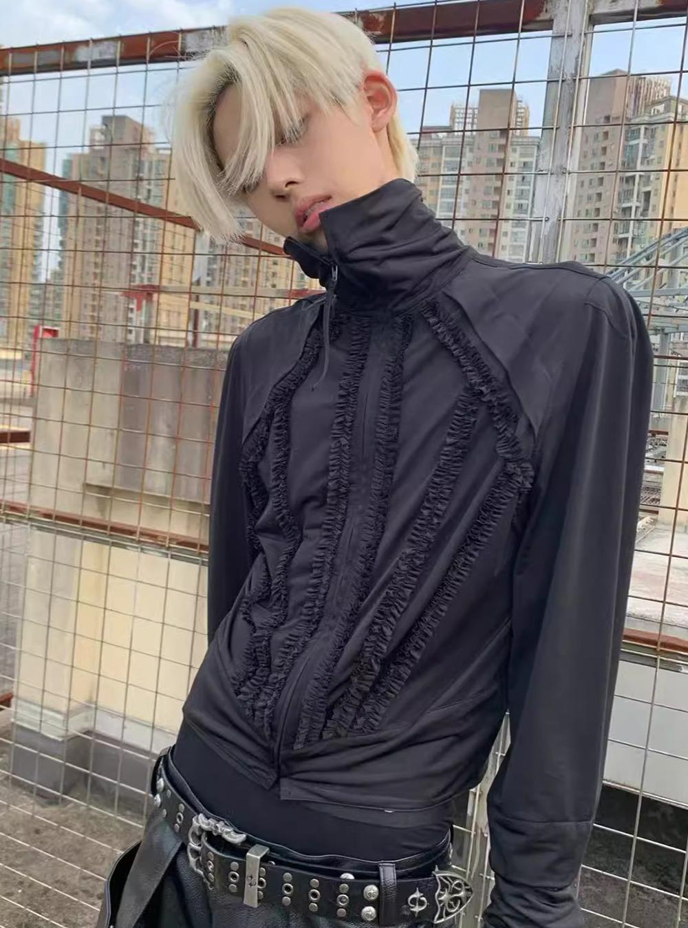 [DOCUMENT] High-Neck Ruffle Zip Jacket