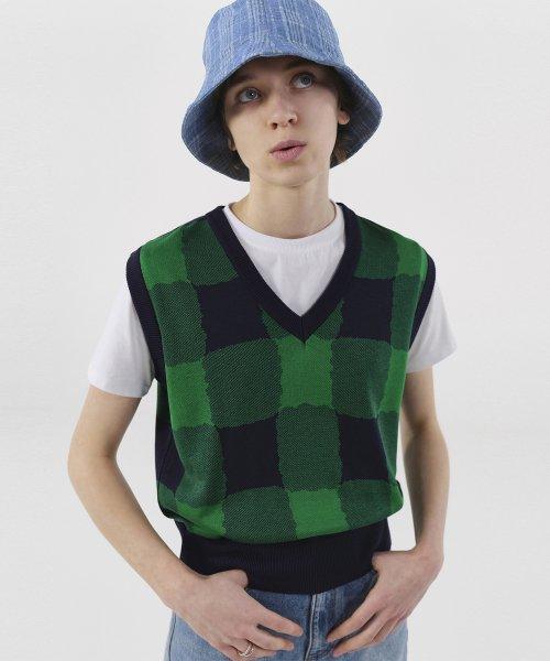 R GINGHAM CHECK KNIT VEST_NAVY