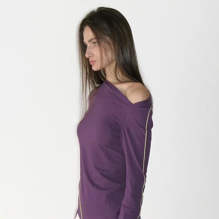 Asymmetric Paneled Long Sleeve Top, PURPLE