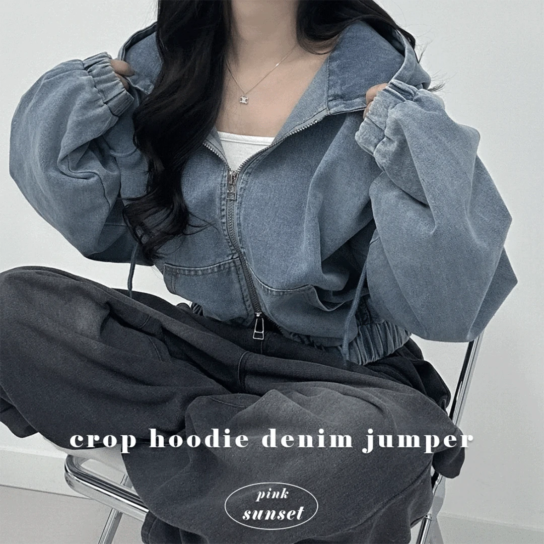 아방핏💫 [크롭 후디 데님 점퍼] 후드 밴딩 투웨이 청 자켓 벌룬 루즈핏 연청 흑청 간절기 봄 가을 아우터 집업 (2 col)