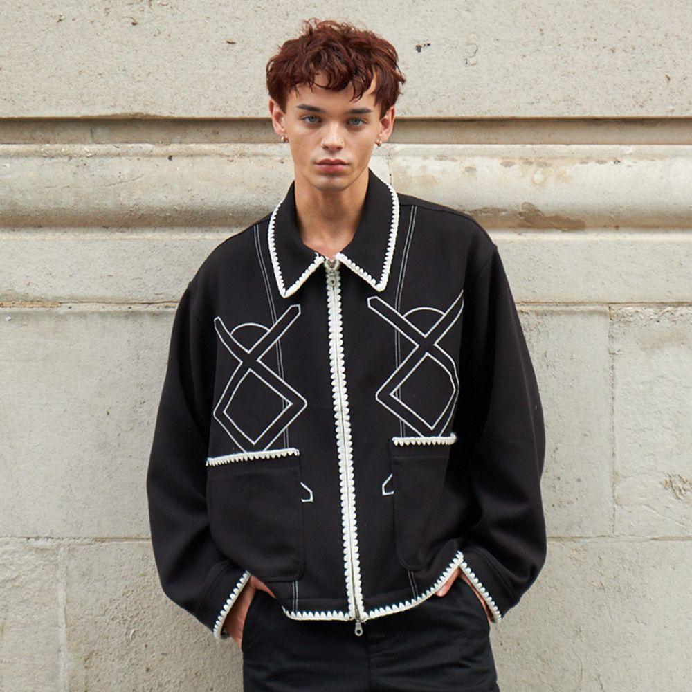 HALOGEN NEEDLEWORK BLOUSON _ BLACK