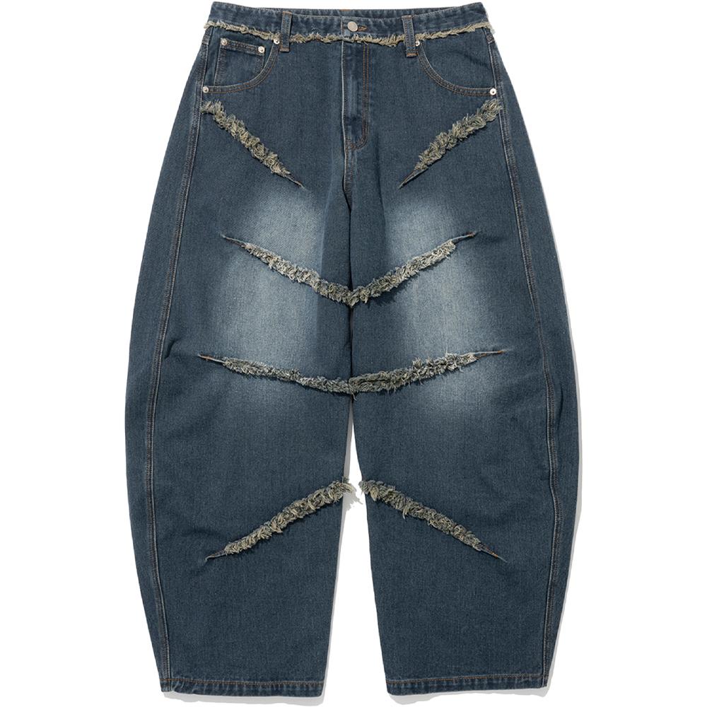 Cut Off Curved Denim Pants - Deep Blue