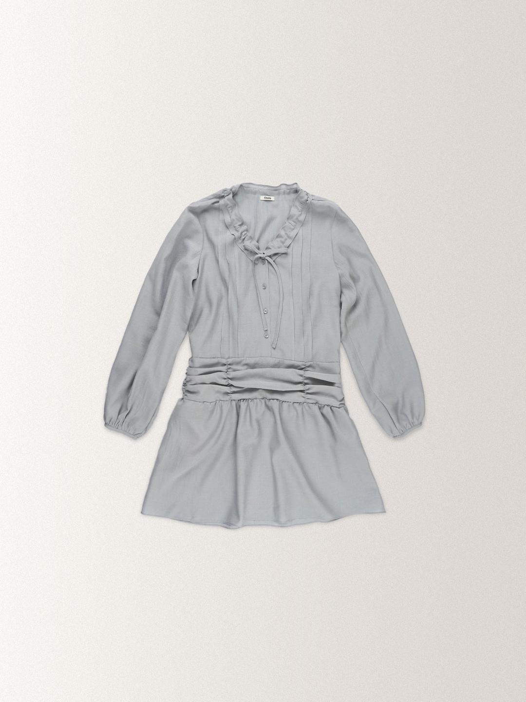 RIBBON SHIRRING ONE PIECE DRESS [ PALE BLUE ]