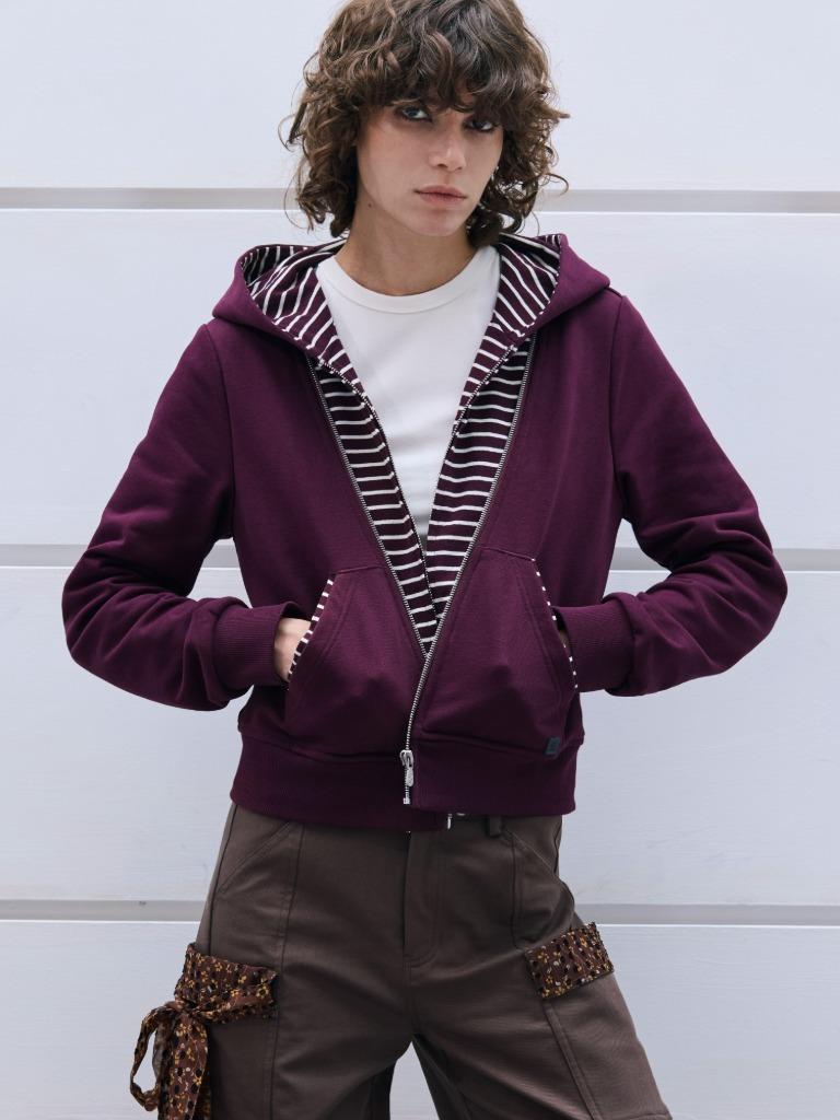 Wine Stripe Layered Zip-Up Slim Hoodie Jacket
